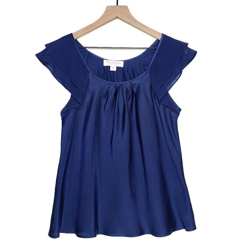 Oscar De La Renta Pink Label‎ Satin PJ Top S Navy Blue Ruffle Chiffon Flutter